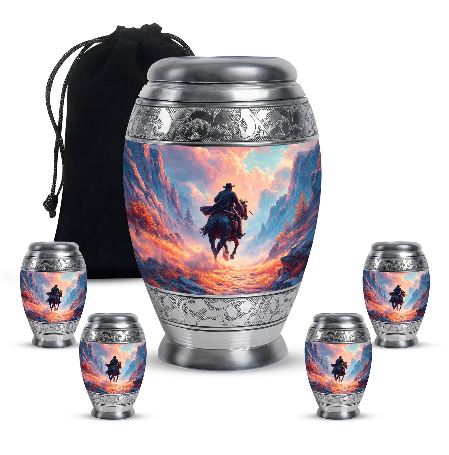Twilight Blue Cowboy Cremation Urn detail view - royal cowboy engraving with decorative scrollwork - memorial set with one large and four small urns
