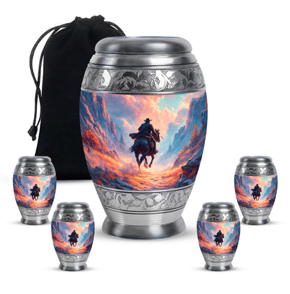 Twilight Blue Cowboy Cremation Urn detail view - royal cowboy engraving with decorative scrollwork - memorial set with one large and four small urns