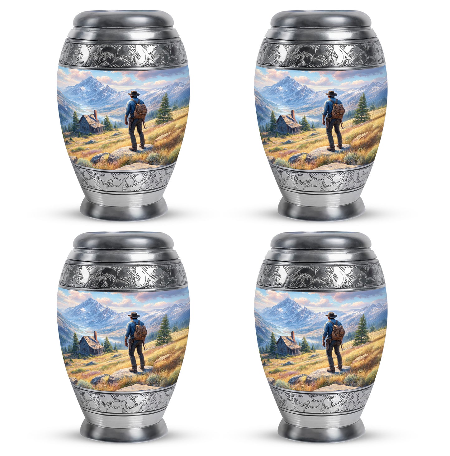 Slate Blue Cowboy Cremation Urn urn with complimentary velvet bag - regal cowboy design with crown-inspired accents - 10 inch aluminum urn for cremated remains