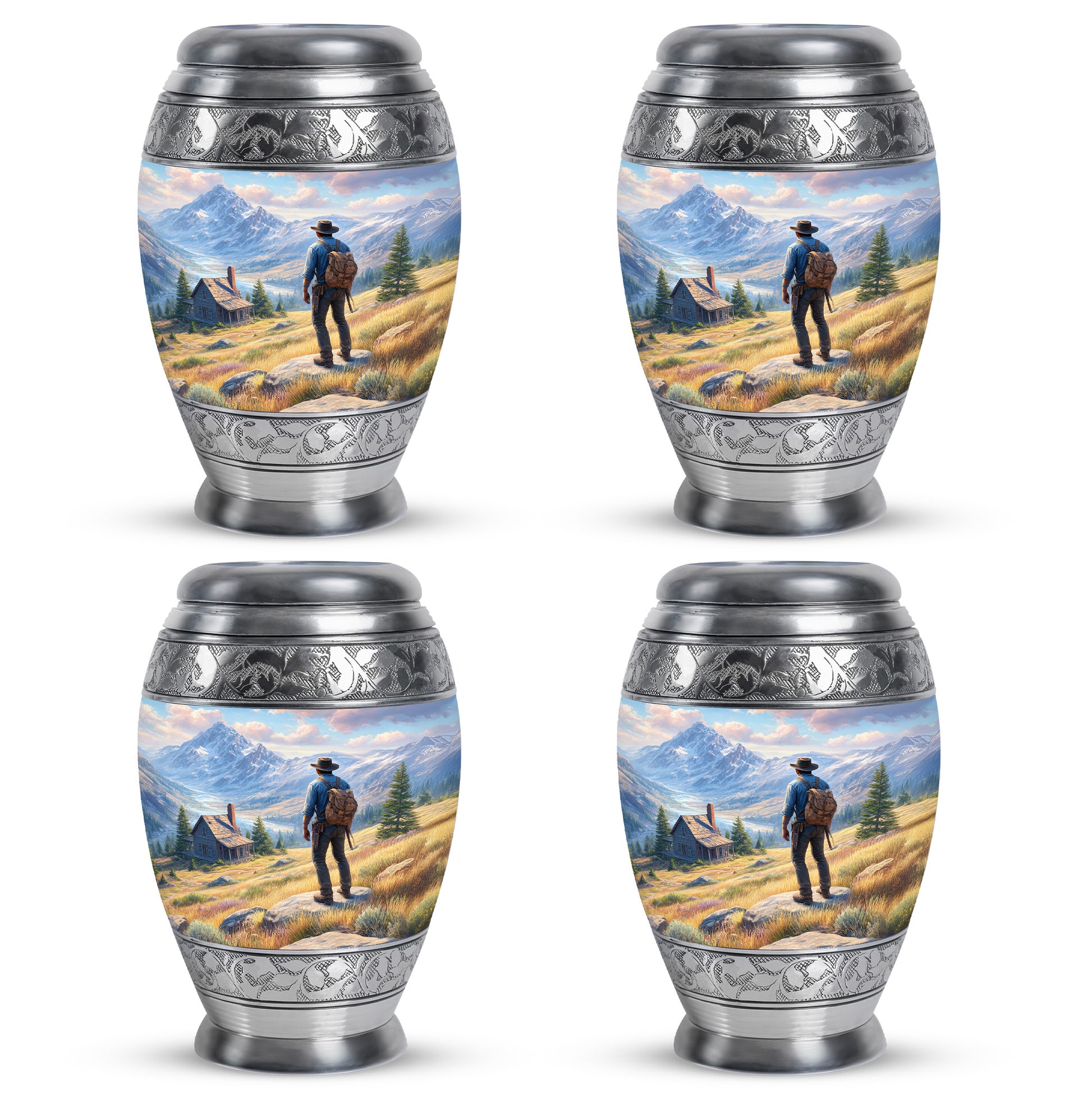 Slate Blue Cowboy Cremation Urn urn with complimentary velvet bag - regal cowboy design with crown-inspired accents - 10 inch aluminum urn for cremated remains