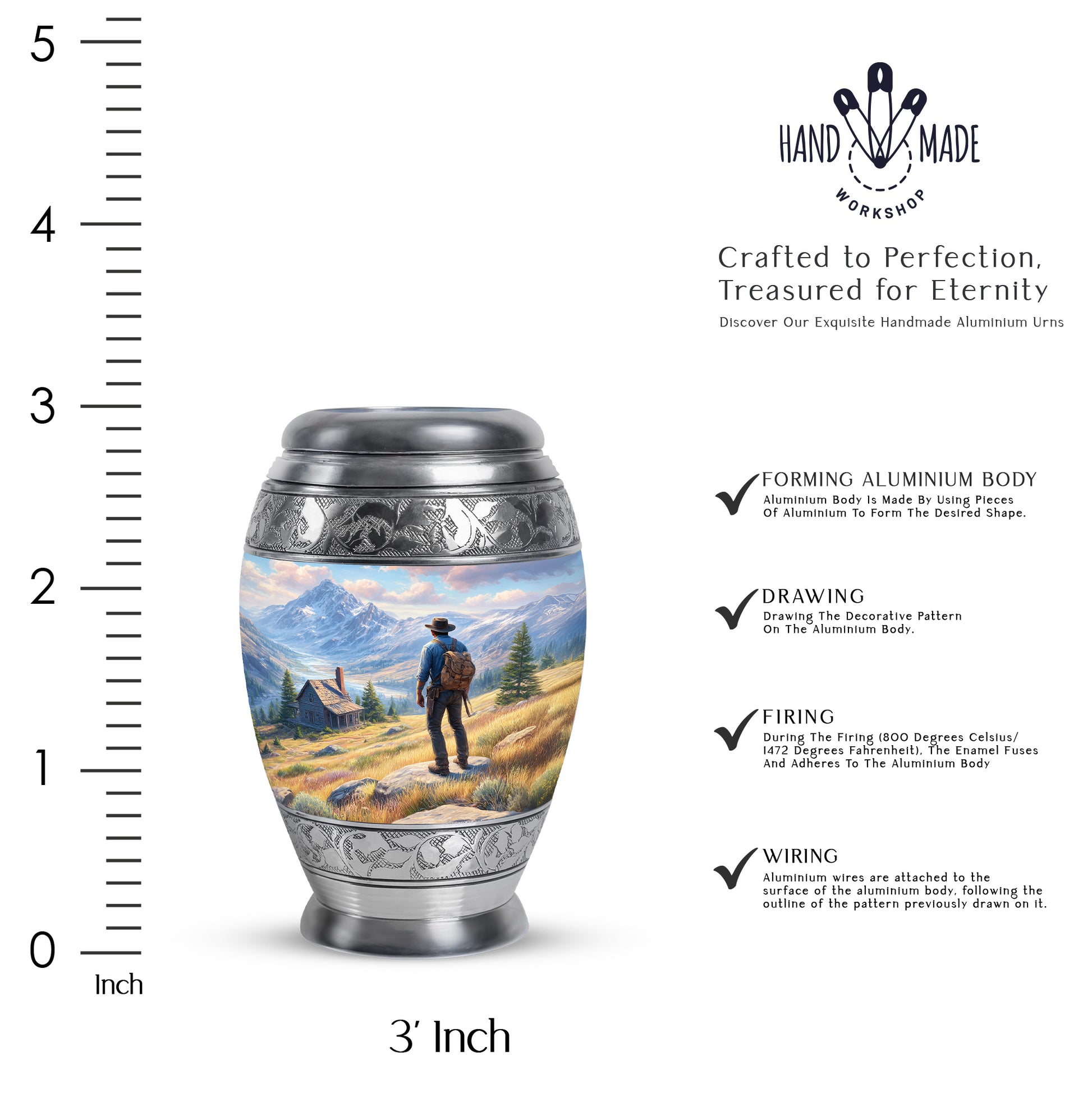 Calming Blue Cowboy Cremation Urn lifestyle display on memorial shelf - royal cowboy engraving with decorative scrollwork - mini keepsake memorial for portion of cremation ashes