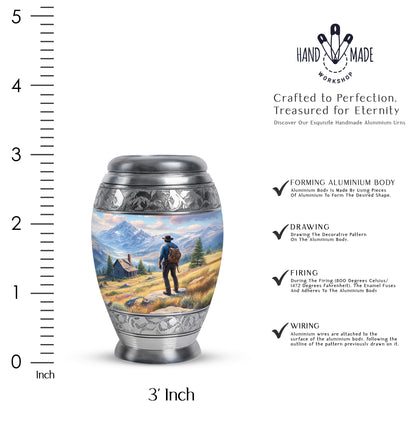 Calming Blue Cowboy Cremation Urn lifestyle display on memorial shelf - royal cowboy engraving with decorative scrollwork - mini keepsake memorial for portion of cremation ashes