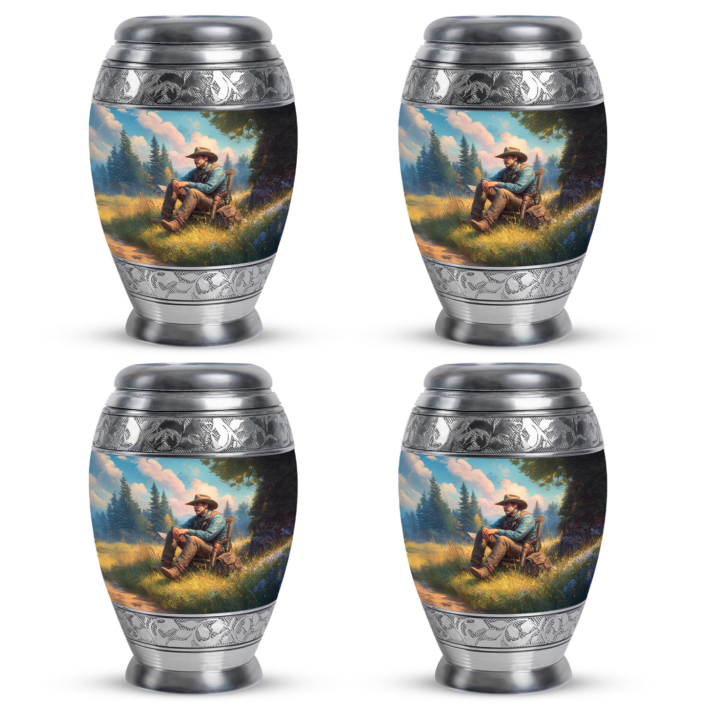 Mystic Teal Cowboy Cremation Urn urn with complimentary velvet bag - royal cowboy engraving with decorative scrollwork - 10 inch aluminum urn for cremated remains