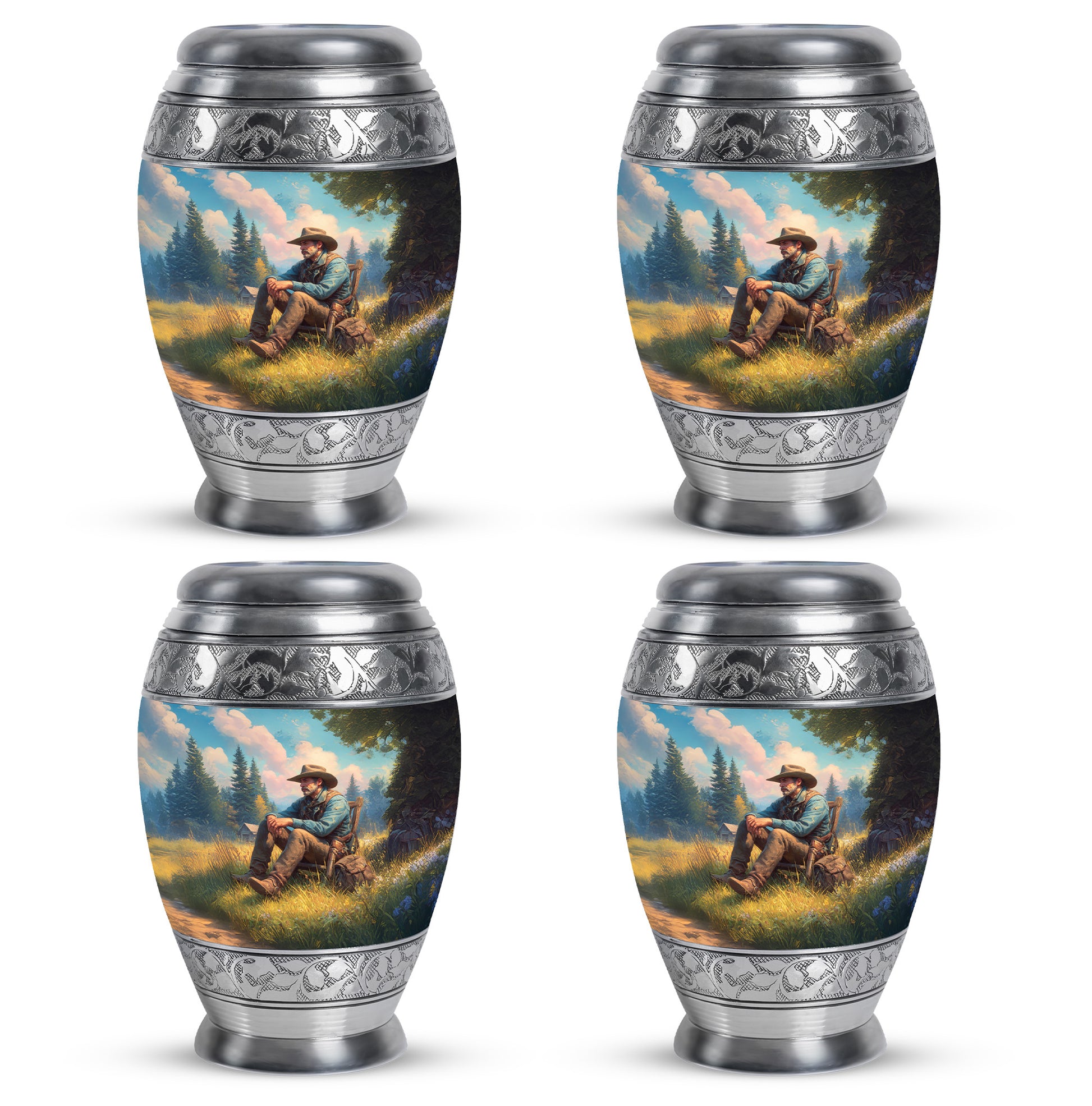 Mystic Teal Cowboy Cremation Urn urn with complimentary velvet bag - royal cowboy engraving with decorative scrollwork - 10 inch aluminum urn for cremated remains