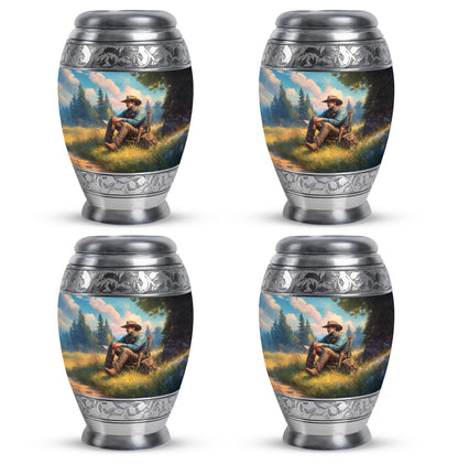 Mystic Teal Cowboy Cremation Urn urn with complimentary velvet bag - royal cowboy engraving with decorative scrollwork - 10 inch aluminum urn for cremated remains
