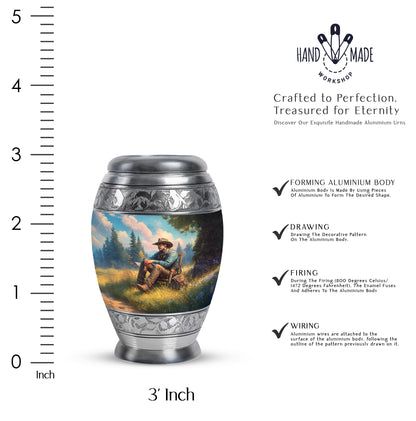 Ocean Teal Cowboy Cremation Urn lifestyle display on memorial shelf - ornate monarch-style cowboy relief on brushed aluminum - mini keepsake memorial for portion of cremation ashes