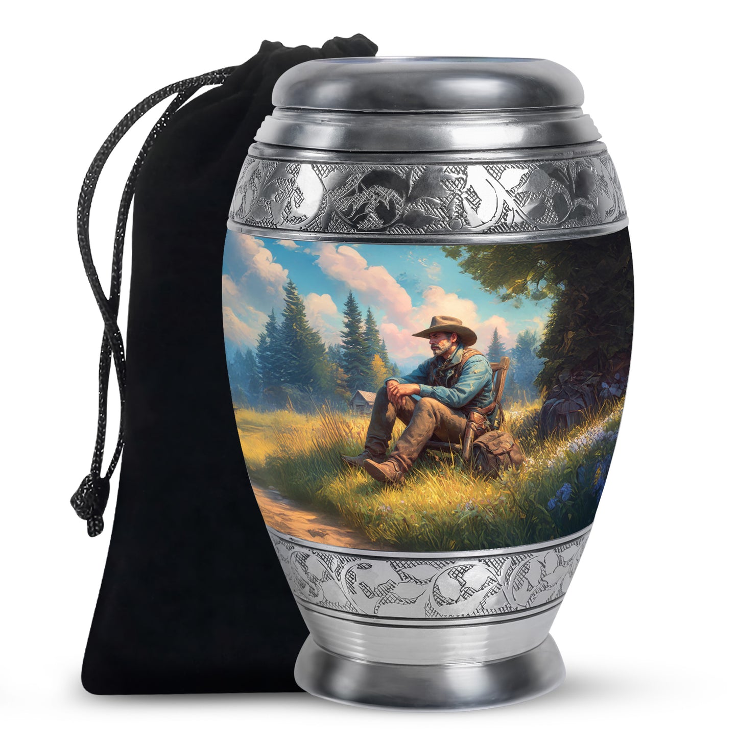 Soft Teal Cowboy Cremation Urn back view with polished surface - regal cowboy design with crown-inspired accents - full-size 10 inch 200 cubic inch adult cremation urn