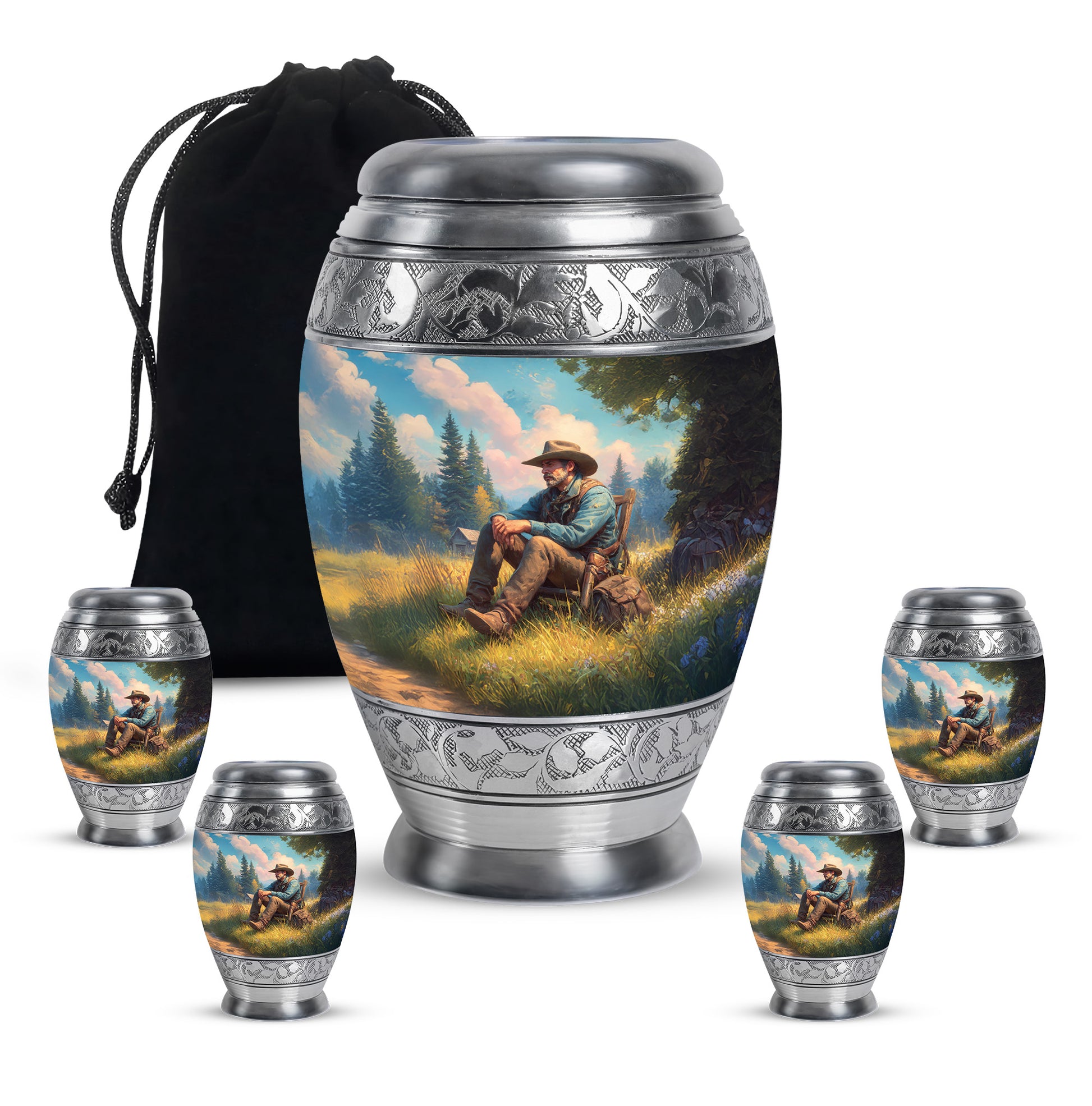 Sea Green Teal Cowboy Cremation Urn detail view - regal cowboy design with crown-inspired accents - memorial set with one large and four small urns