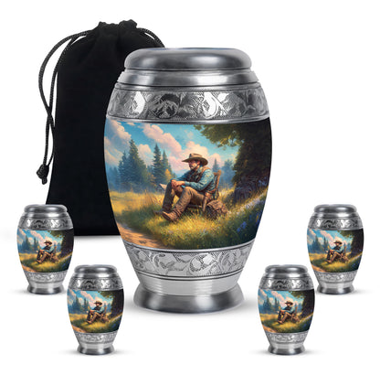 Sea Green Teal Cowboy Cremation Urn detail view - regal cowboy design with crown-inspired accents - memorial set with one large and four small urns
