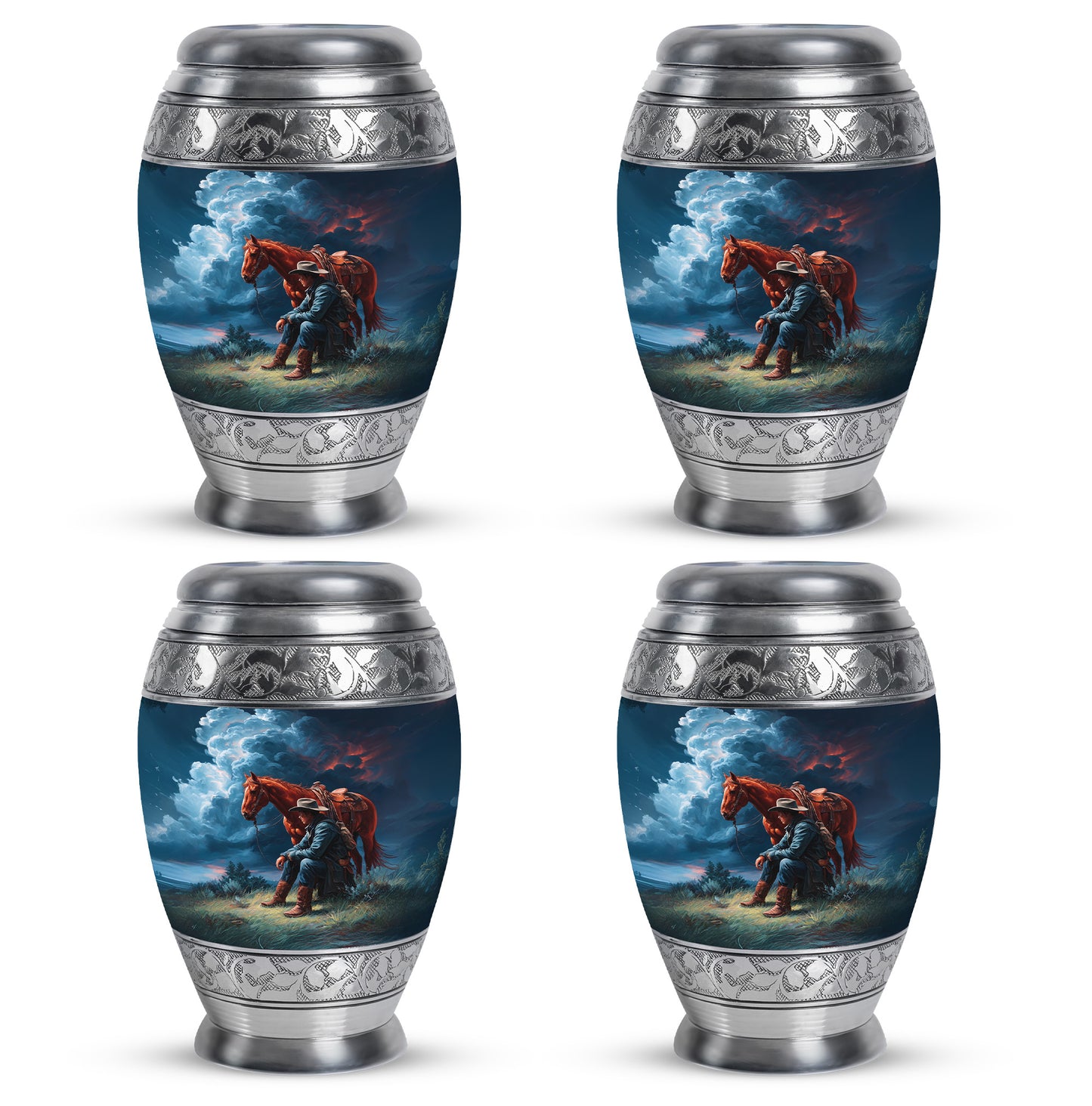 Misty Blue Cowboy Cremation Urn urn with complimentary velvet bag - ornate monarch-style cowboy relief on brushed aluminum - 10 inch aluminum urn for cremated remains