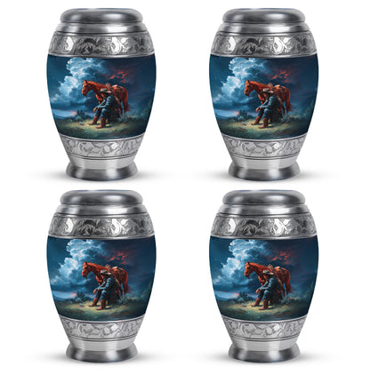 Misty Blue Cowboy Cremation Urn urn with complimentary velvet bag - ornate monarch-style cowboy relief on brushed aluminum - 10 inch aluminum urn for cremated remains