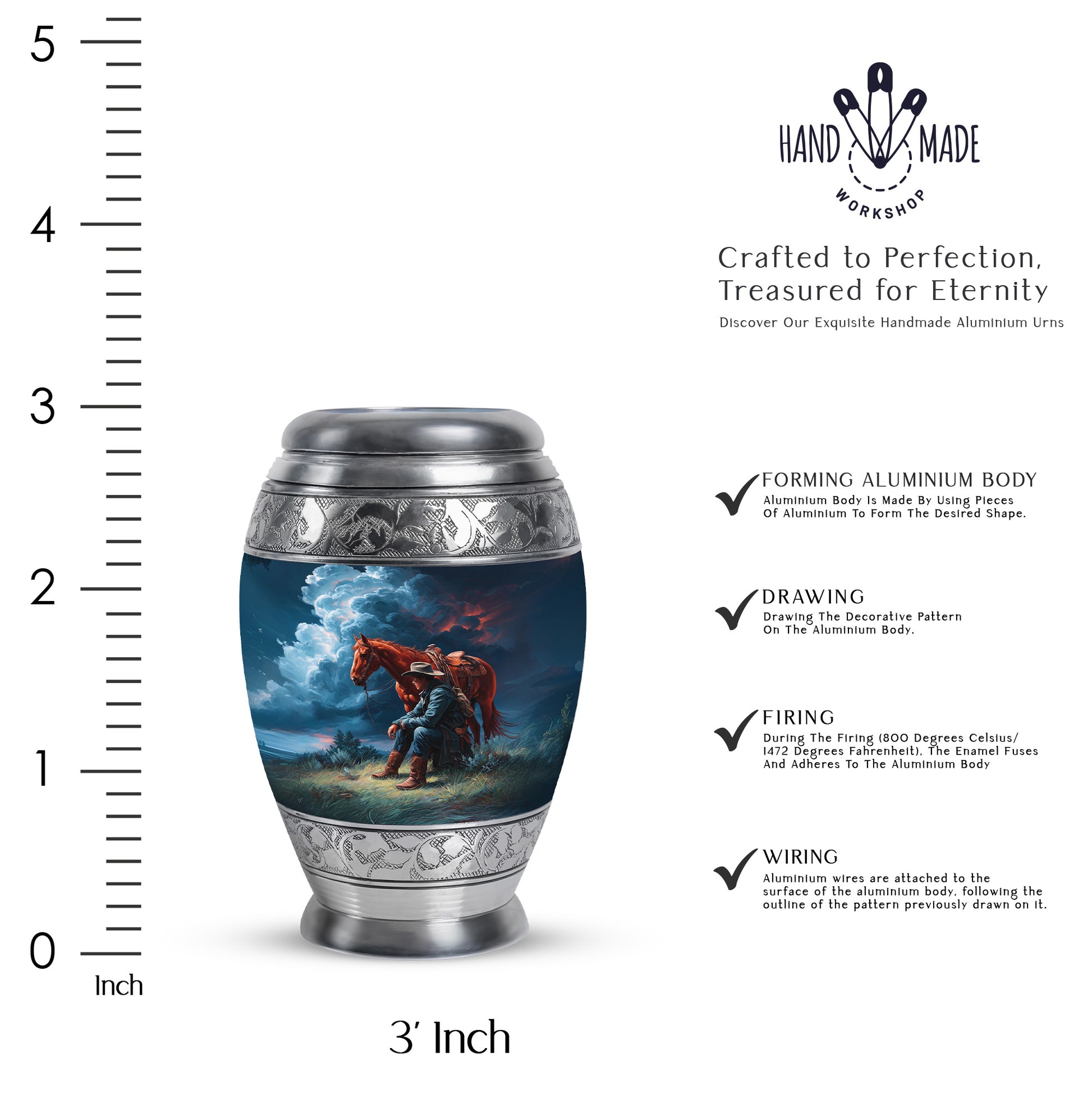 Pastel Blue Cowboy Cremation Urn lifestyle display on memorial shelf - ornate monarch-style cowboy relief on brushed aluminum - mini keepsake memorial for portion of cremation ashes