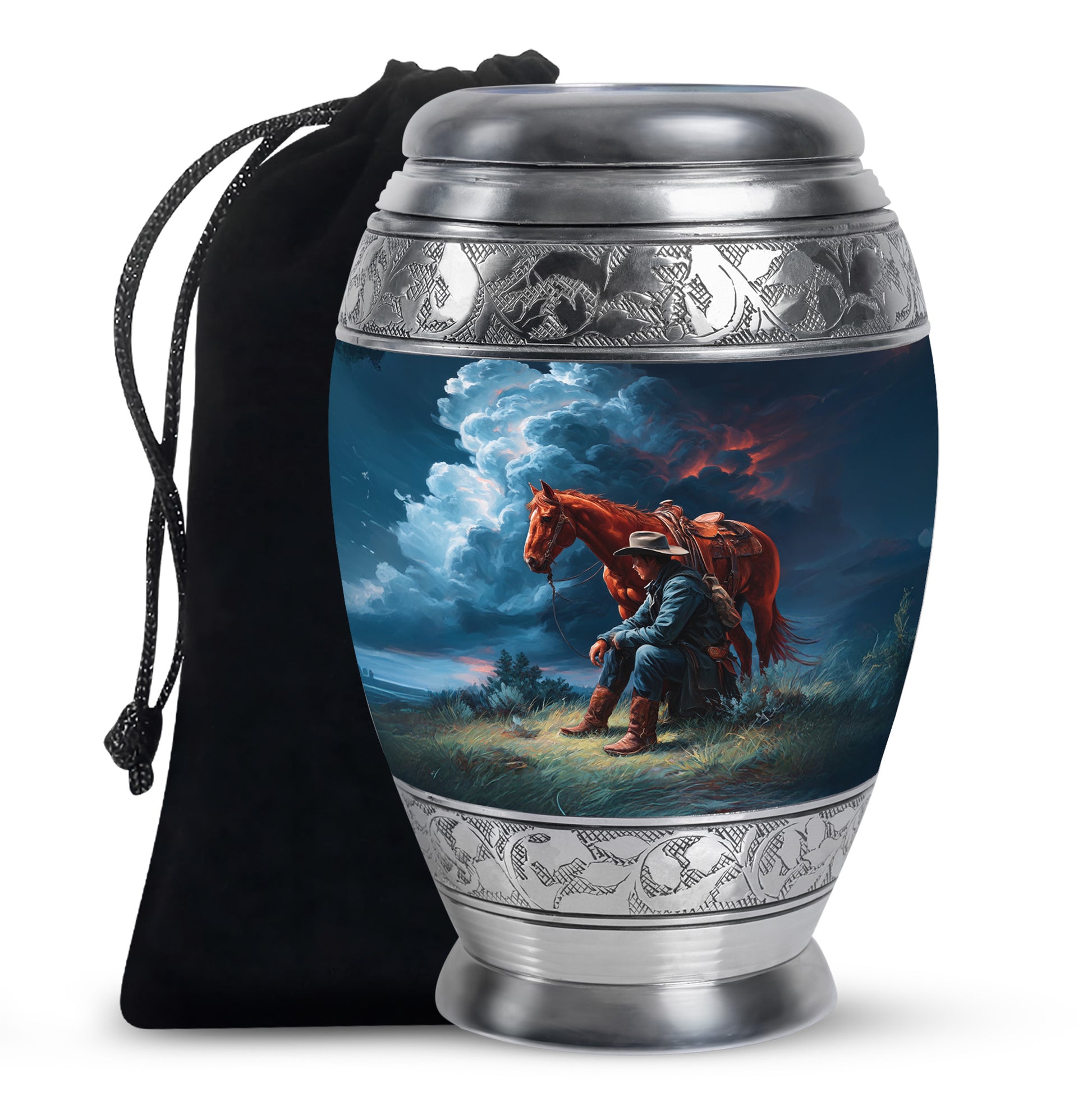 Pastel Blue Cowboy Cremation Urn back view with polished surface - regal cowboy design with crown-inspired accents - full-size 10 inch 200 cubic inch adult cremation urn