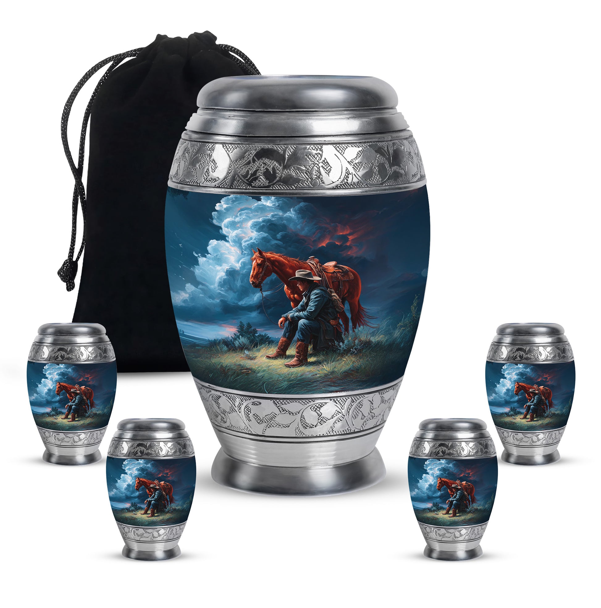 Powder Blue Cowboy Cremation Urn detail view - ornate monarch-style cowboy relief on brushed aluminum - memorial set with one large and four small urns