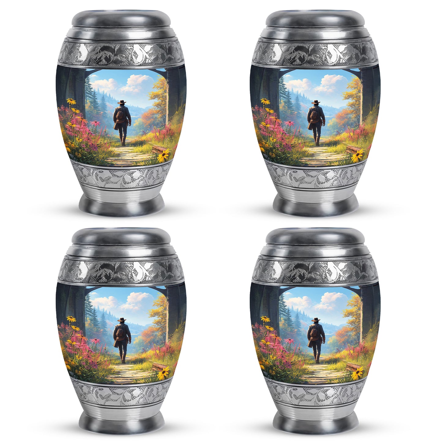 Vivid Blue Cowboy Cremation Urn urn with complimentary velvet bag - majestic cowboy pattern with filigree border - 10 inch aluminum urn for cremated remains