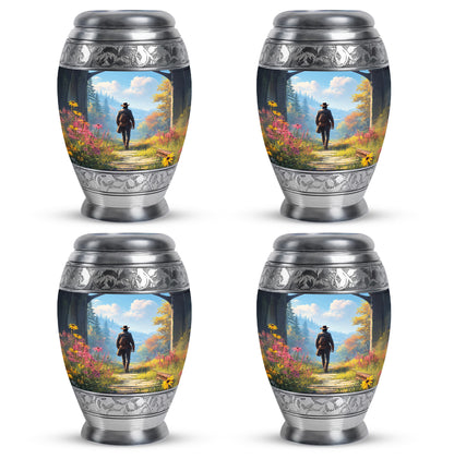 Vivid Blue Cowboy Cremation Urn urn with complimentary velvet bag - majestic cowboy pattern with filigree border - 10 inch aluminum urn for cremated remains