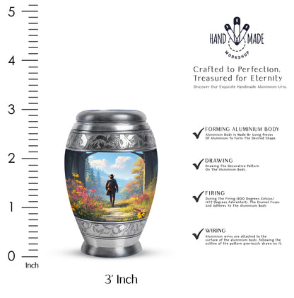 Powder Blue Cowboy Cremation Urn lifestyle display on memorial shelf - ornate monarch-style cowboy relief on brushed aluminum - mini keepsake memorial for portion of cremation ashes