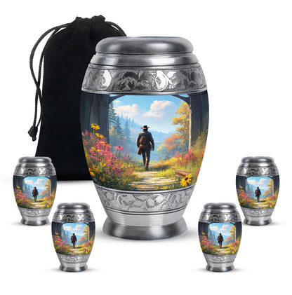 Celestial Blue Cowboy Cremation Urn detail view - regal cowboy design with crown-inspired accents - memorial set with one large and four small urns