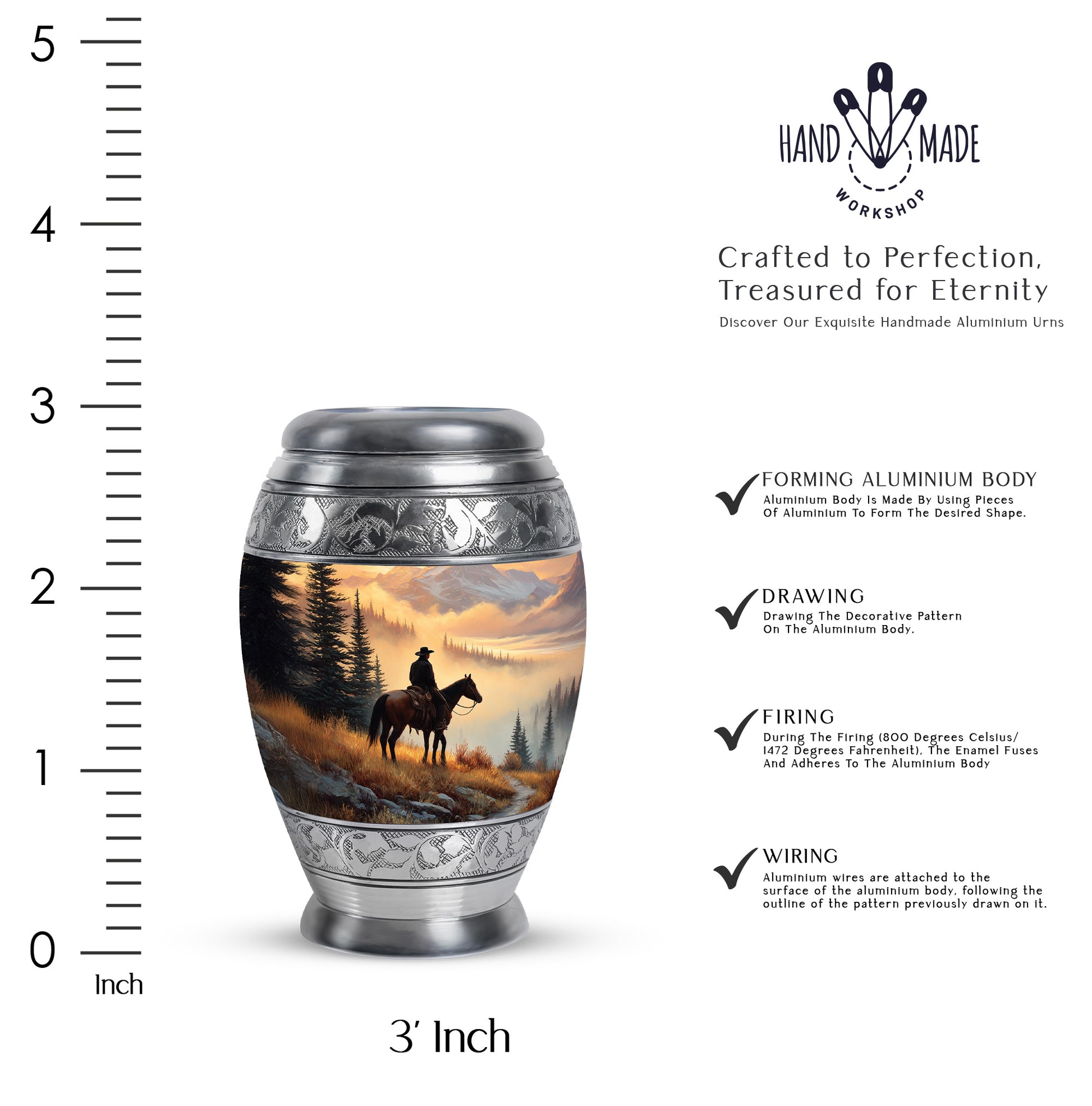Amber Gold Cowboy Cremation Urn lifestyle display on memorial shelf - regal cowboy design with crown-inspired accents - mini keepsake memorial for portion of cremation ashes