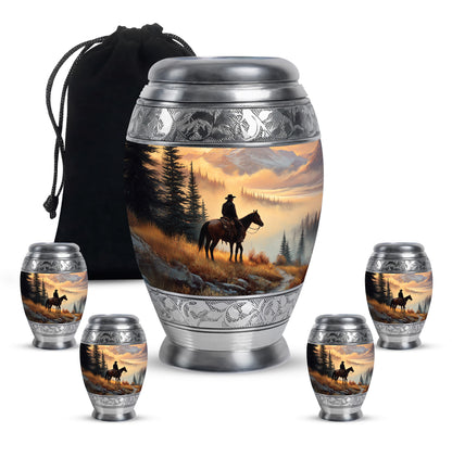 Burnished Gold Cowboy Cremation Urn detail view - majestic cowboy pattern with filigree border - memorial set with one large and four small urns