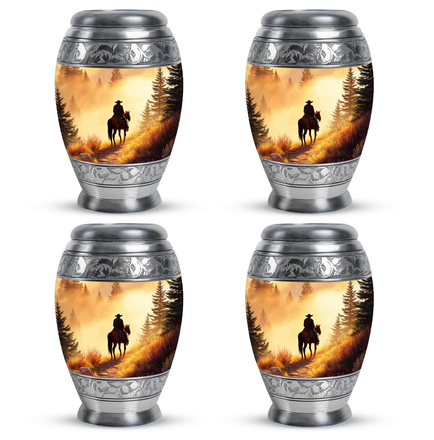Royal Gold Cowboy Cremation Urn urn with complimentary velvet bag - royal cowboy engraving with decorative scrollwork - 10 inch aluminum urn for cremated remains
