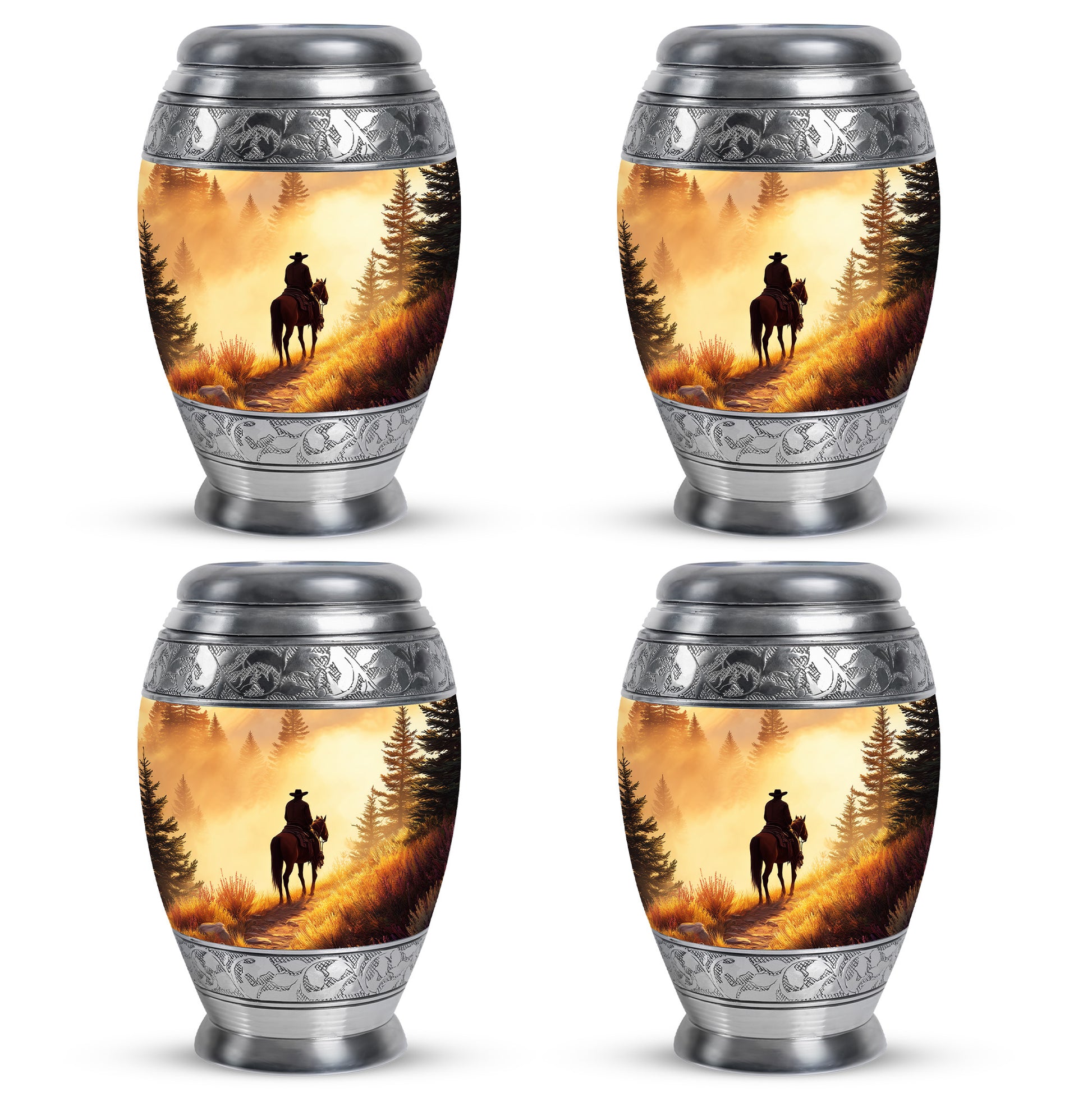 Royal Gold Cowboy Cremation Urn urn with complimentary velvet bag - royal cowboy engraving with decorative scrollwork - 10 inch aluminum urn for cremated remains