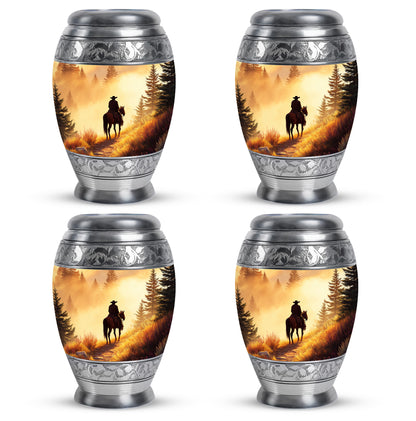 Royal Gold Cowboy Cremation Urn urn with complimentary velvet bag - royal cowboy engraving with decorative scrollwork - 10 inch aluminum urn for cremated remains