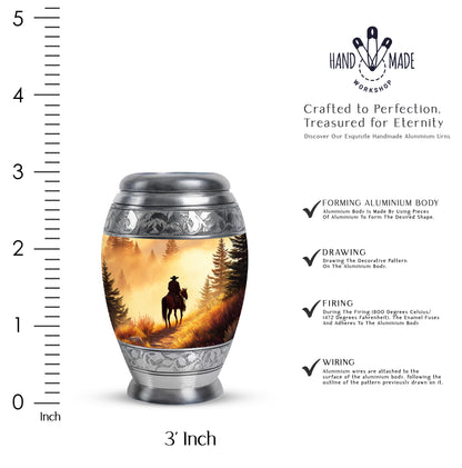 Gilded Gold Cowboy Cremation Urn lifestyle display on memorial shelf - regal cowboy design with crown-inspired accents - mini keepsake memorial for portion of cremation ashes