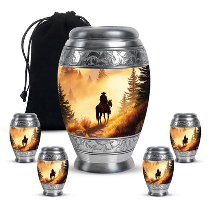 Gilded Gold Cowboy Cremation Urn detail view - regal cowboy design with crown-inspired accents - memorial set with one large and four small urns