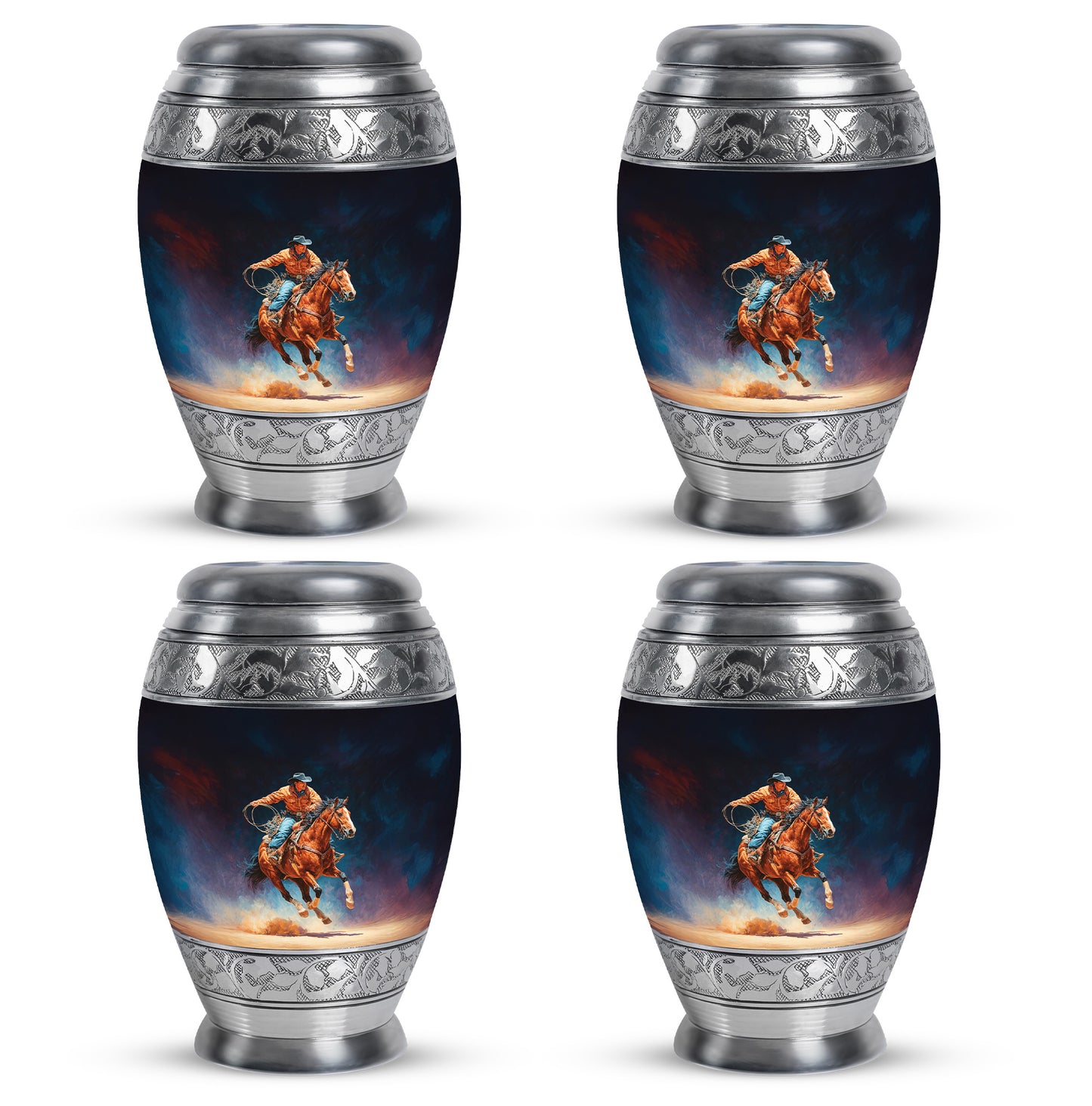 Jet Black Cowboy Cremation Urn urn with complimentary velvet bag - regal cowboy design with crown-inspired accents - 10 inch aluminum urn for cremated remains