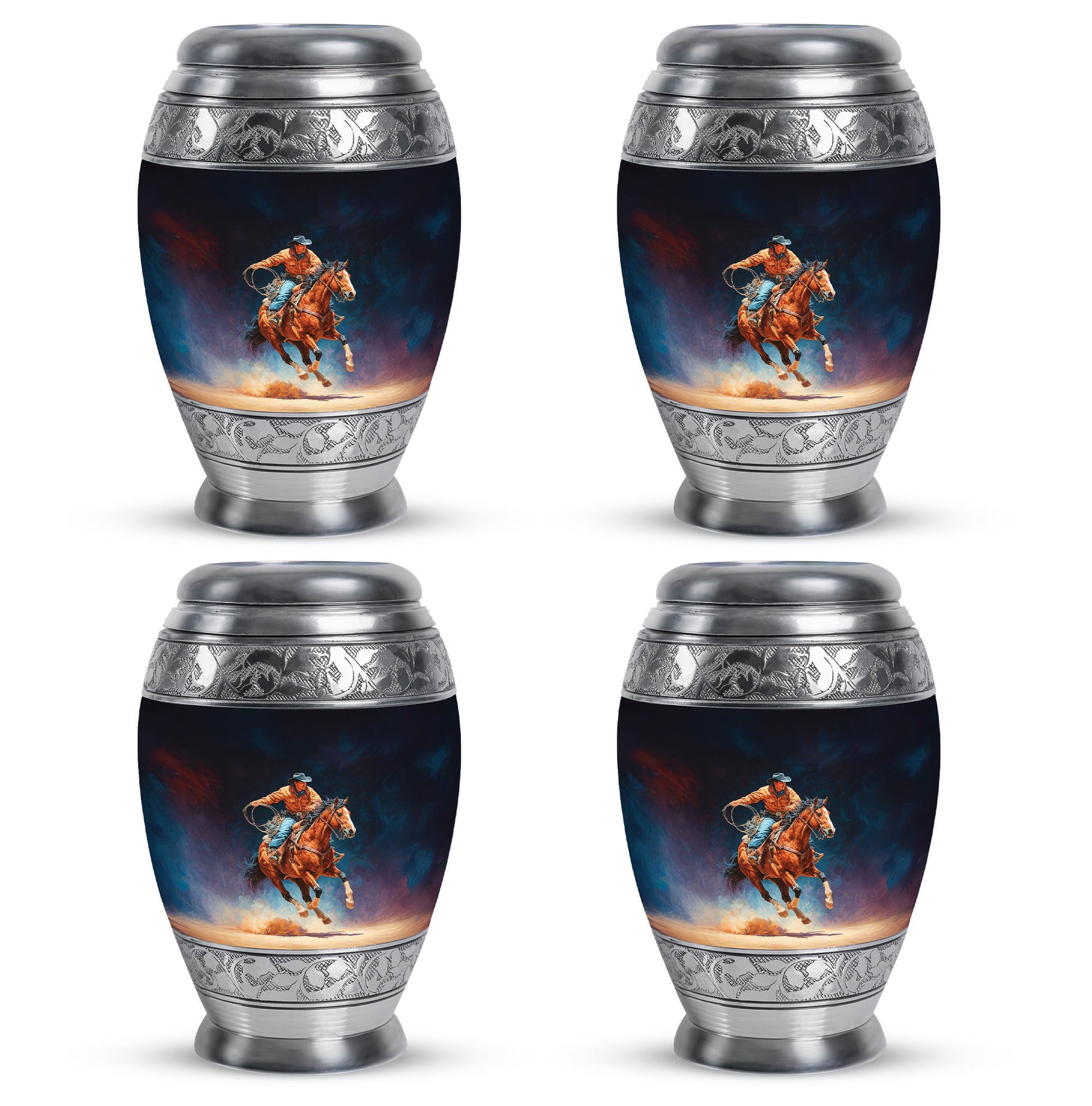 Jet Black Cowboy Cremation Urn urn with complimentary velvet bag - regal cowboy design with crown-inspired accents - 10 inch aluminum urn for cremated remains