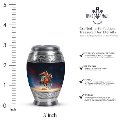 Deep Black Cowboy Cremation Urn lifestyle display on memorial shelf - regal cowboy design with crown-inspired accents - mini keepsake memorial for portion of cremation ashes