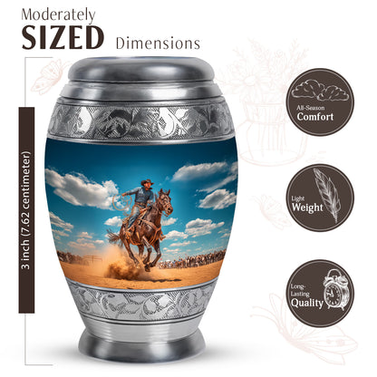 Steel Blue Cowboy Cremation Urn lifestyle display on memorial shelf - majestic cowboy pattern with filigree border - mini keepsake memorial for portion of cremation ashes