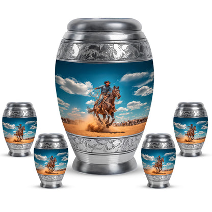 Celestial Blue Cowboy Cremation Urn detail view - regal cowboy design with crown-inspired accents - memorial set with one large and four small urns