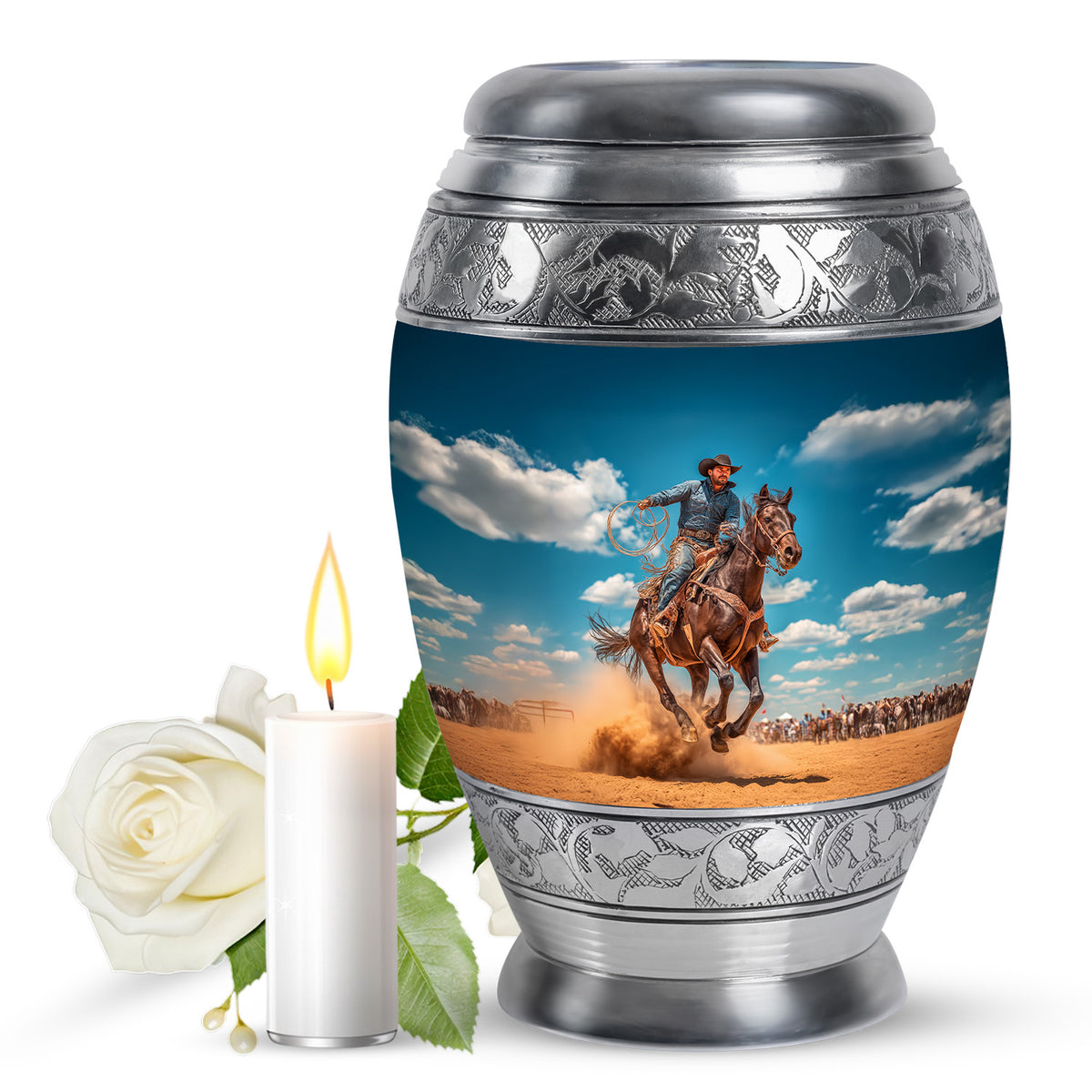 Twilight Blue Cowboy Cremation Urn back view with polished surface - majestic cowboy pattern with filigree border - full-size 10 inch 200 cubic inch adult cremation urn