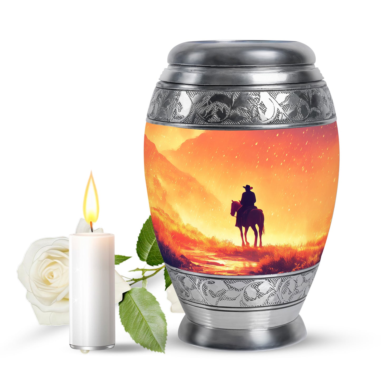 Gold Comforting Cowboy Memorial Urn for Ashes - 10-inch, 200 cu in - Yatskia
