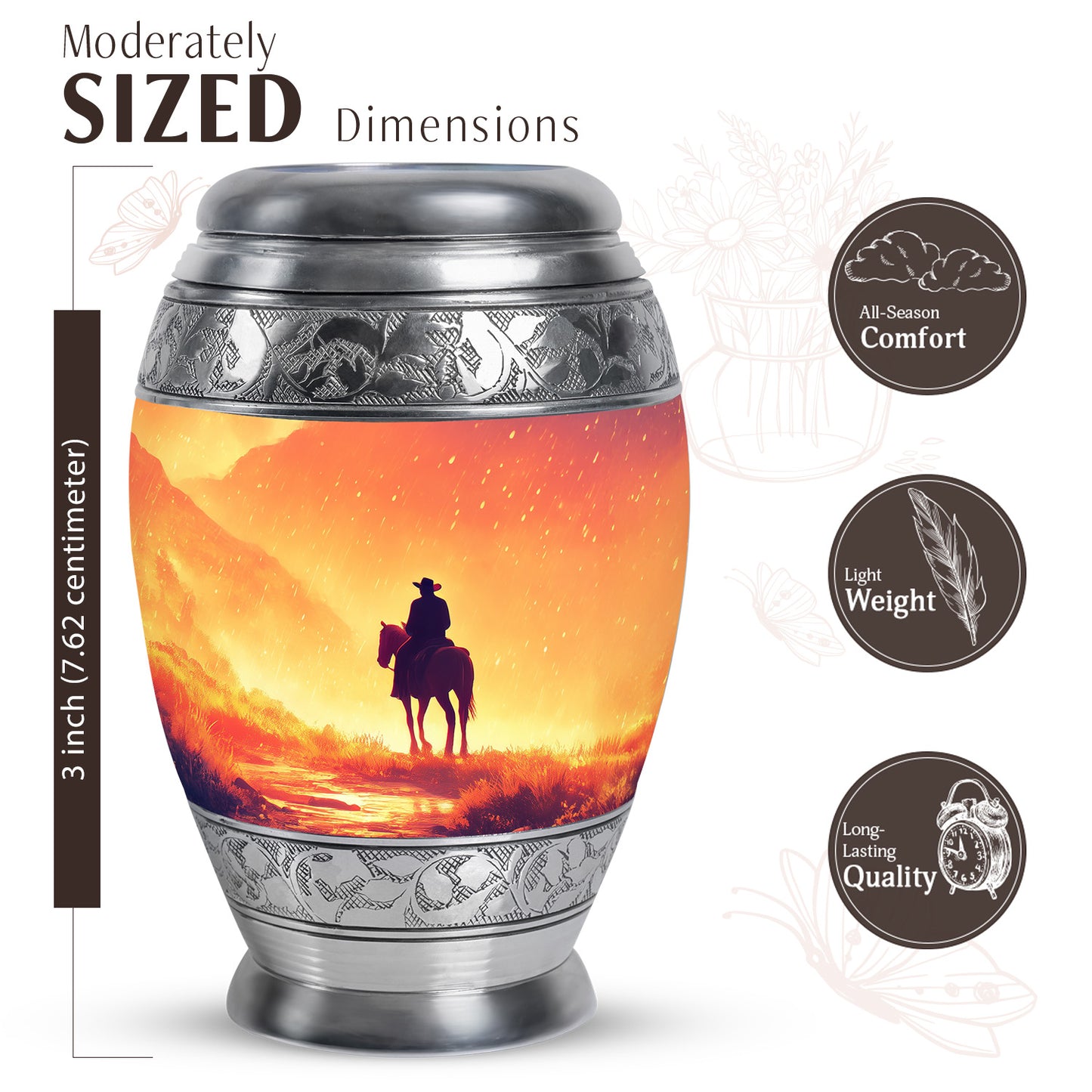 Champagne Gold Cowboy Cremation Urn lifestyle display on memorial shelf - ornate monarch-style cowboy relief on brushed aluminum - mini keepsake memorial for portion of cremation ashes