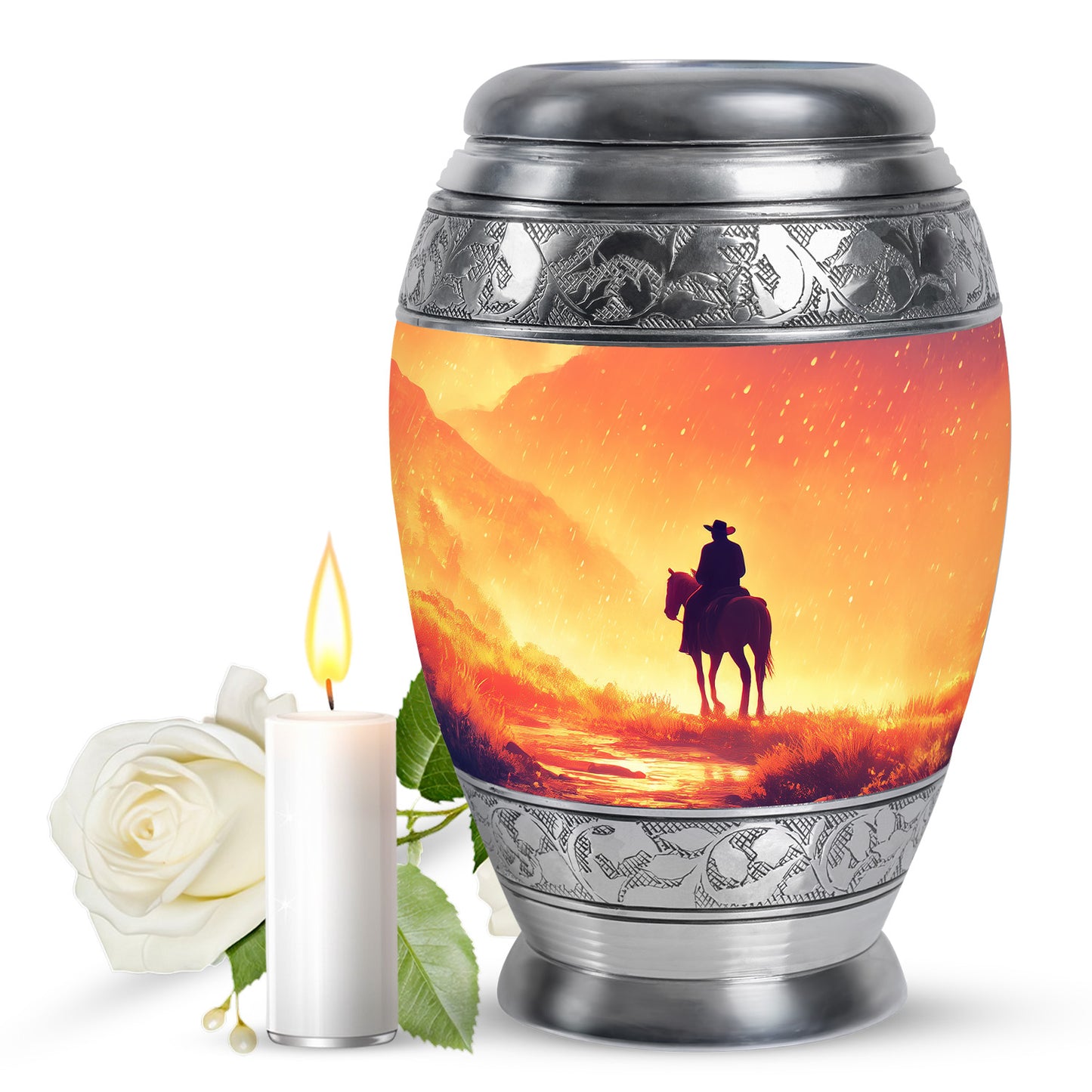 Royal Gold Cowboy Cremation Urn back view with polished surface - majestic cowboy pattern with filigree border - full-size 10 inch 200 cubic inch adult cremation urn