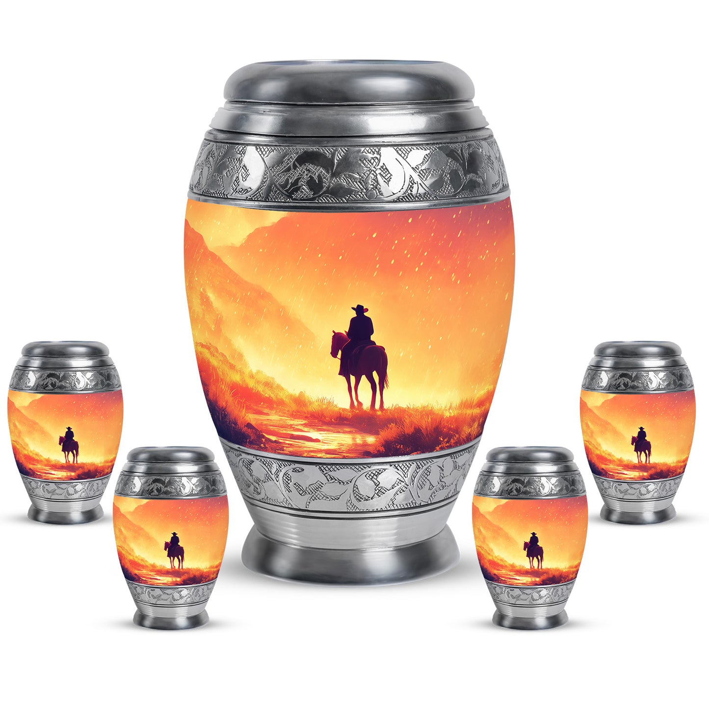 Harvest Gold Cowboy Cremation Urn detail view - majestic cowboy pattern with filigree border - memorial set with one large and four small urns