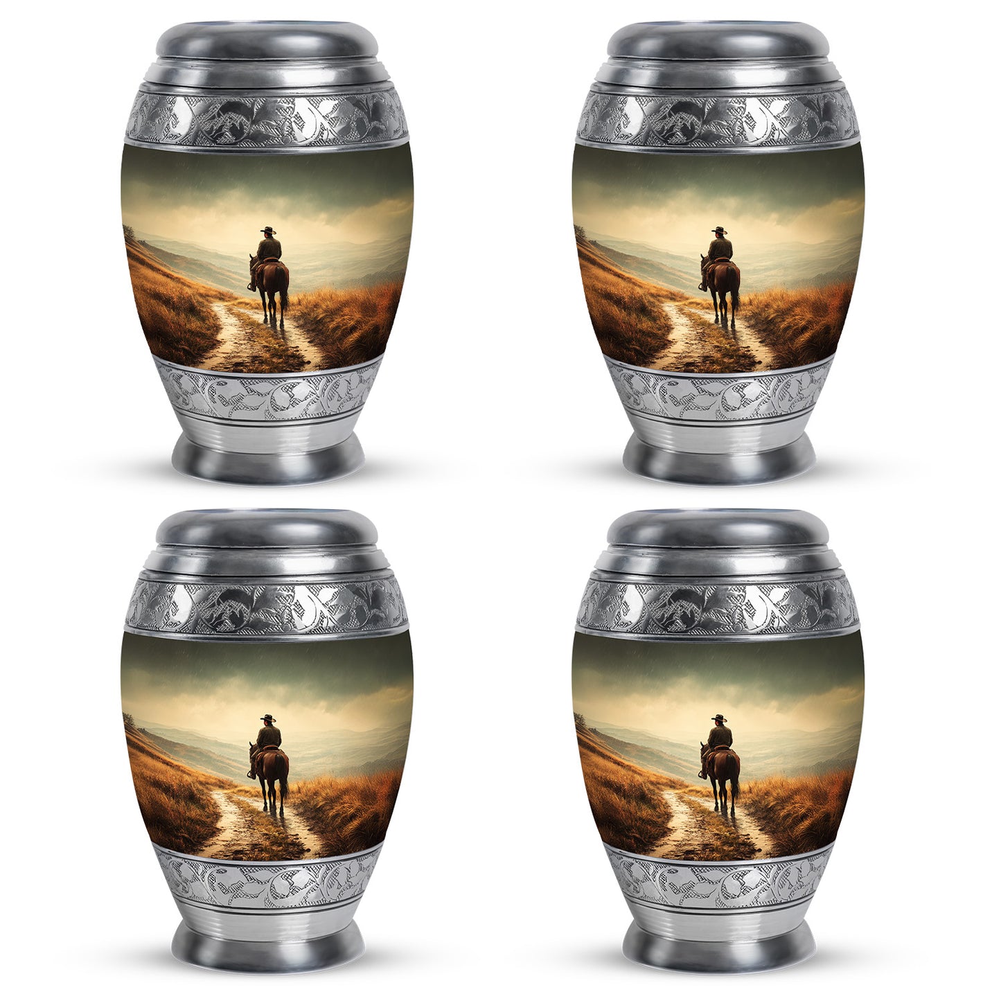 Warm Yellow Cowboy Cremation Urn urn with complimentary velvet bag - ornate monarch-style cowboy relief on brushed aluminum - 10 inch aluminum urn for cremated remains