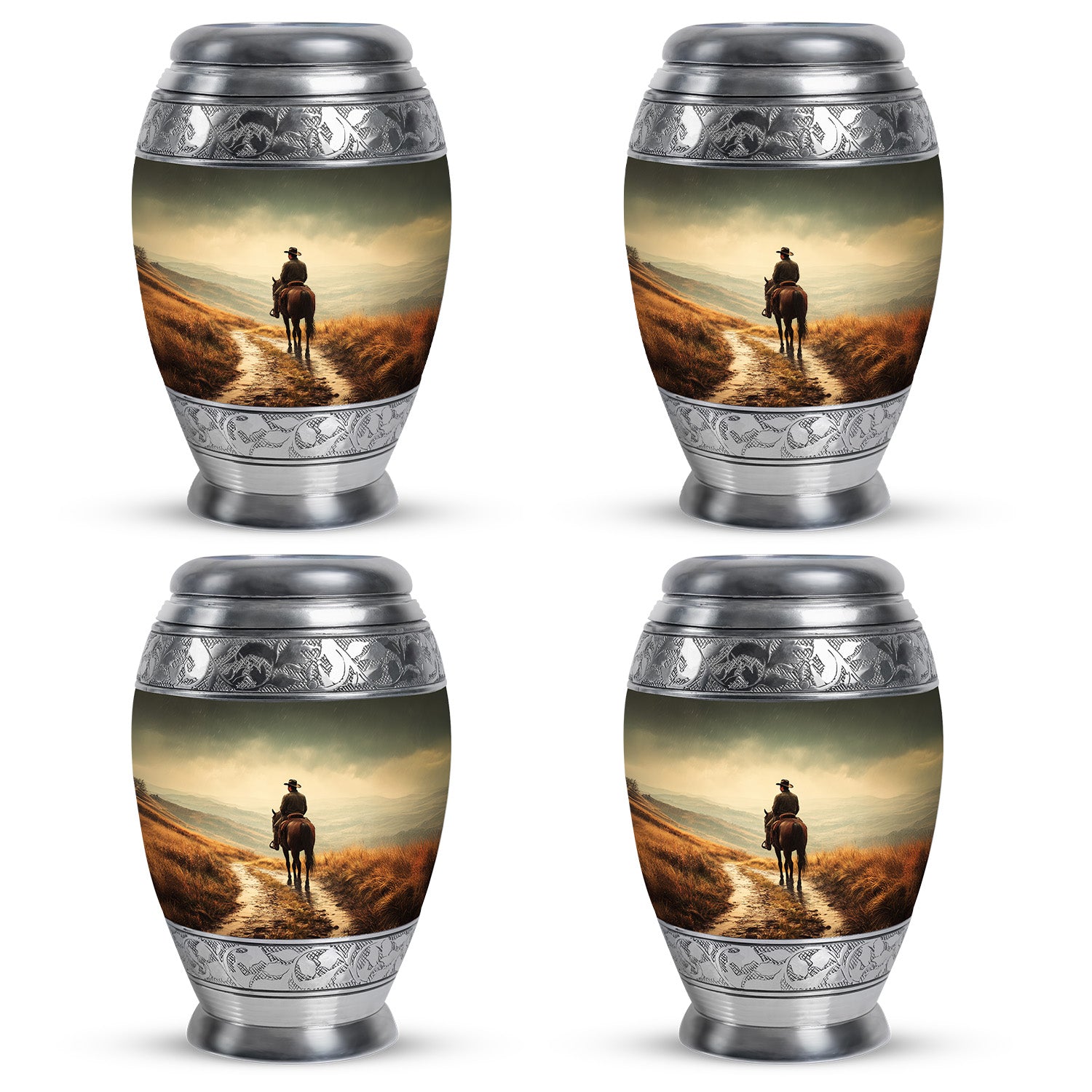 Warm Yellow Cowboy Cremation Urn urn with complimentary velvet bag - ornate monarch-style cowboy relief on brushed aluminum - 10 inch aluminum urn for cremated remains