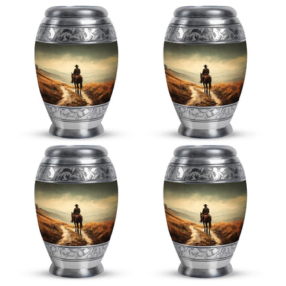Warm Yellow Cowboy Cremation Urn urn with complimentary velvet bag - ornate monarch-style cowboy relief on brushed aluminum - 10 inch aluminum urn for cremated remains