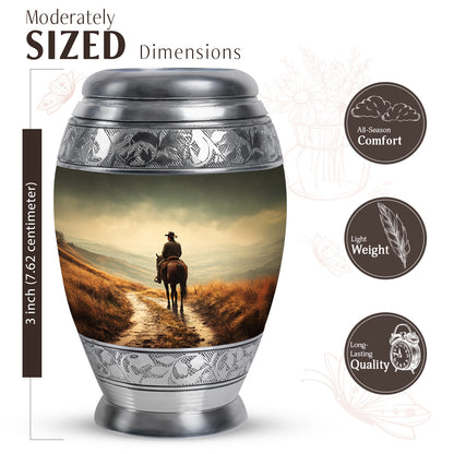 Buttercup Yellow Cowboy Cremation Urn lifestyle display on memorial shelf - regal cowboy design with crown-inspired accents - mini keepsake memorial for portion of cremation ashes