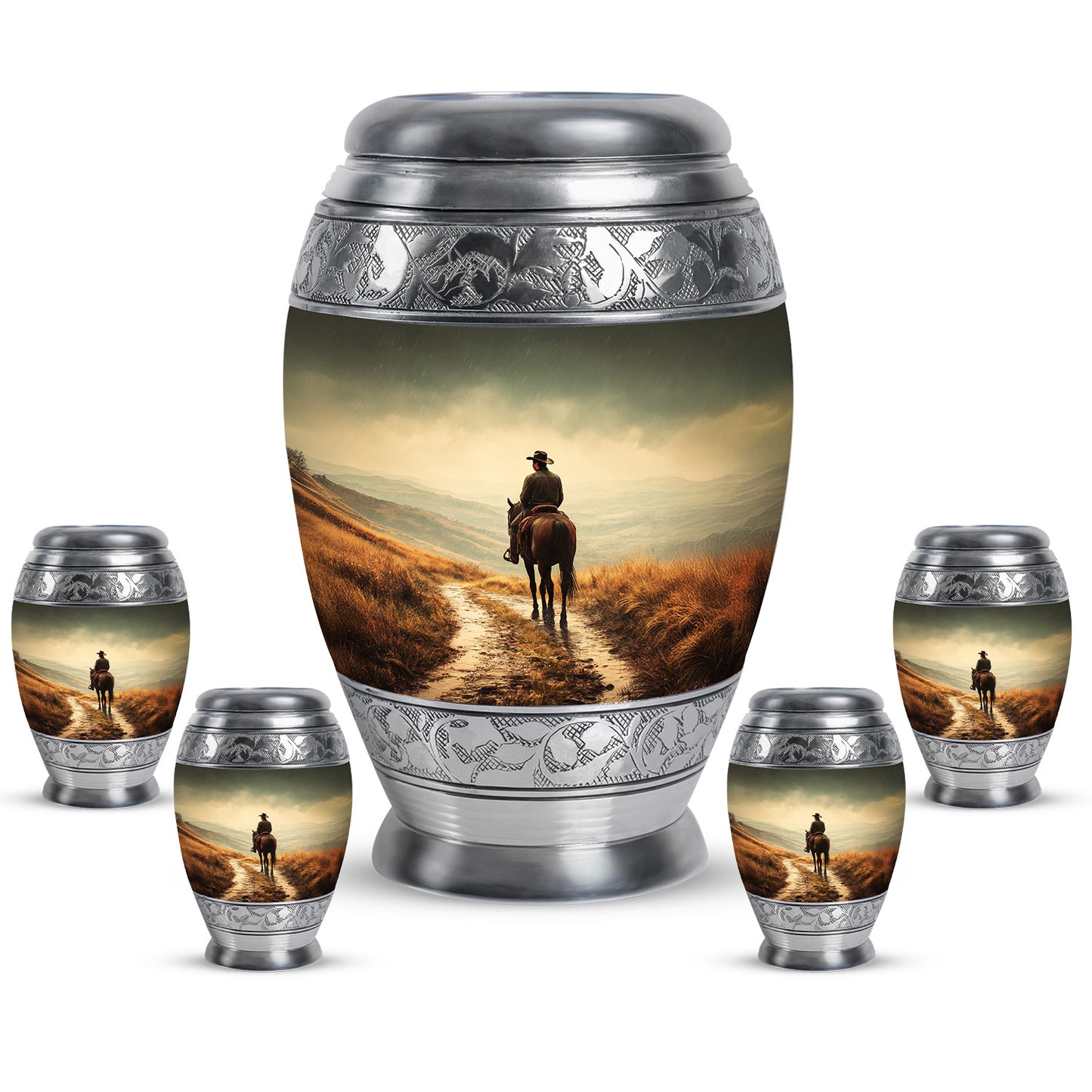 Amber Yellow Cowboy Cremation Urn detail view - ornate monarch-style cowboy relief on brushed aluminum - memorial set with one large and four small urns