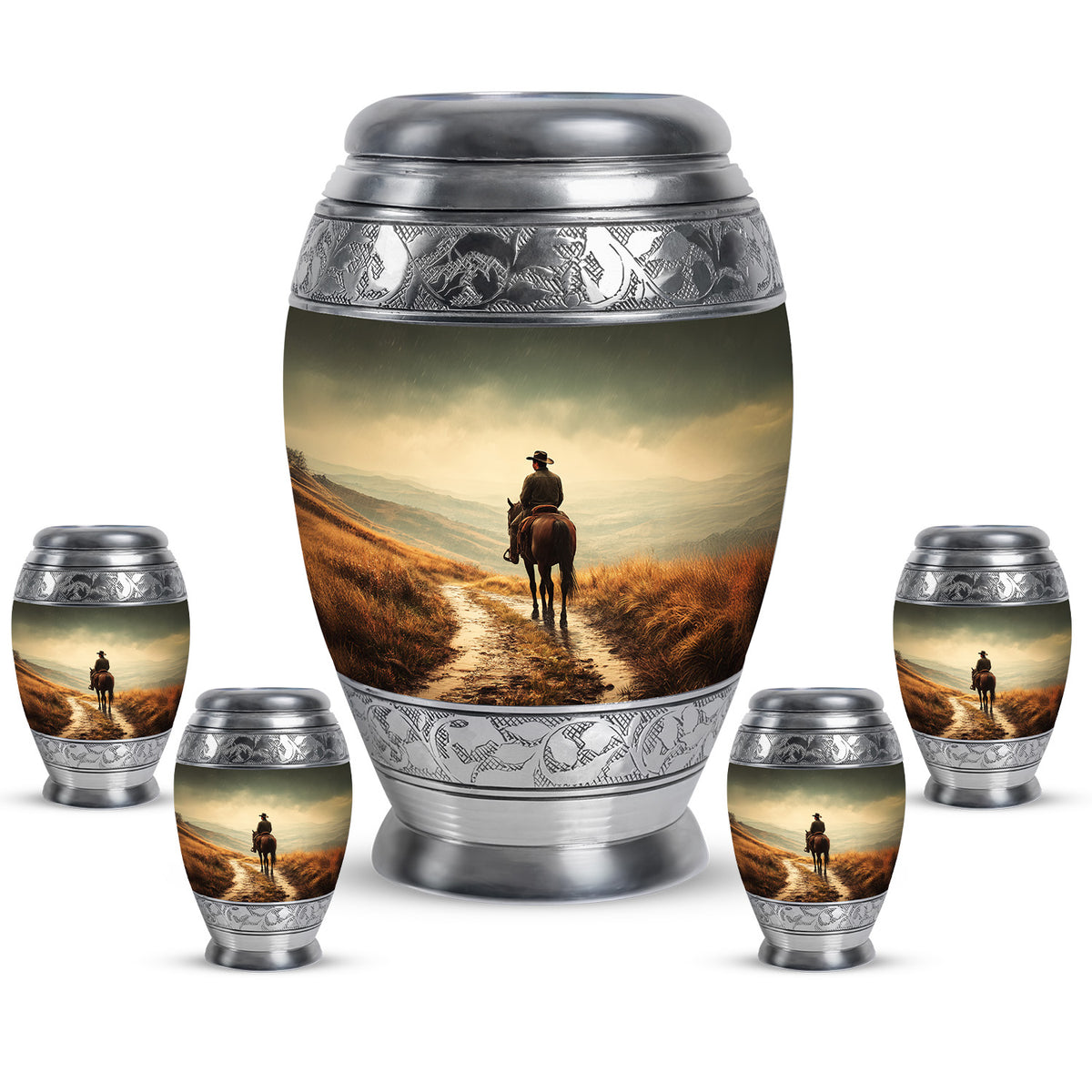 Amber Yellow Cowboy Cremation Urn detail view - ornate monarch-style cowboy relief on brushed aluminum - memorial set with one large and four small urns