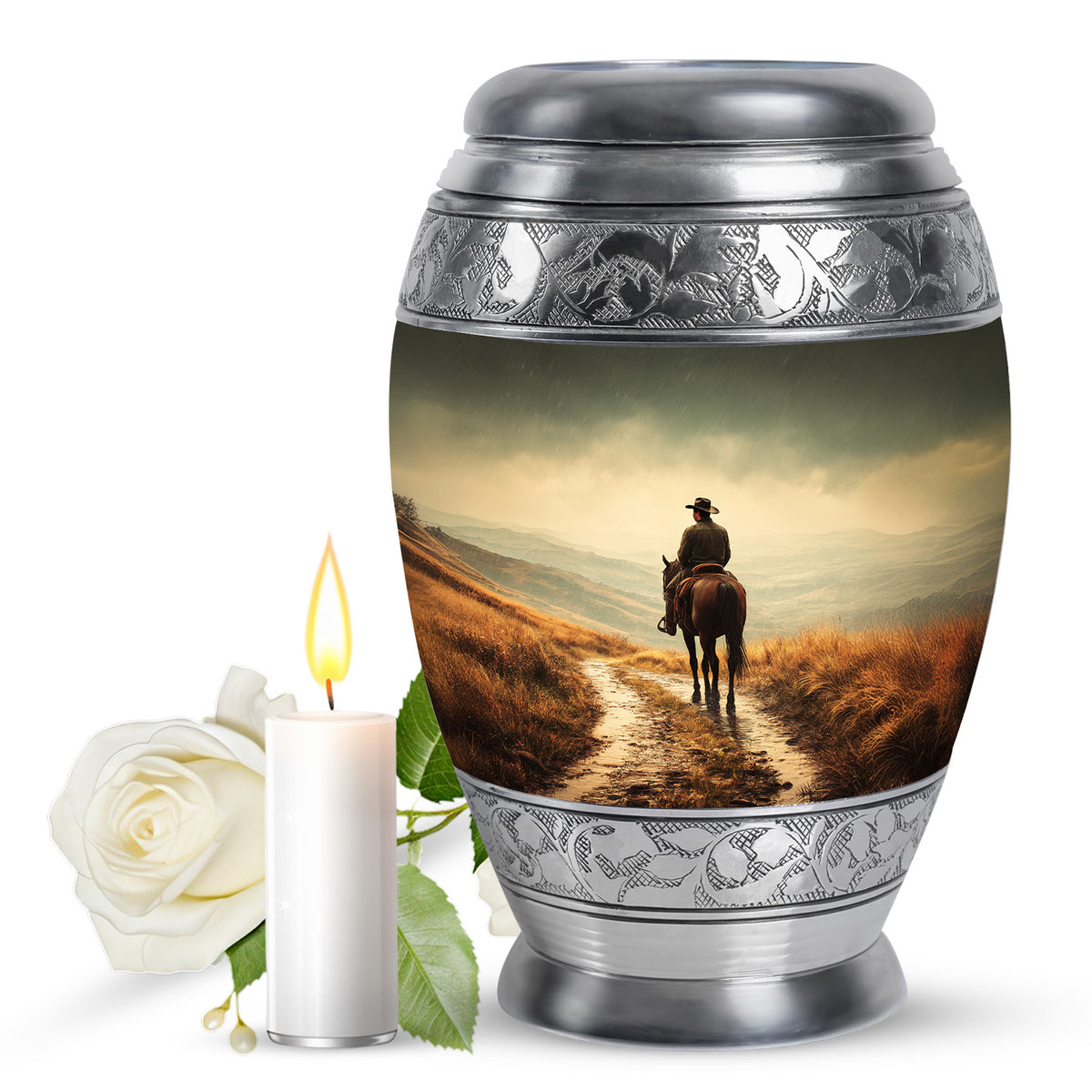 Honey Yellow Cowboy Cremation Urn back view with polished surface - majestic cowboy pattern with filigree border - full-size 10 inch 200 cubic inch adult cremation urn