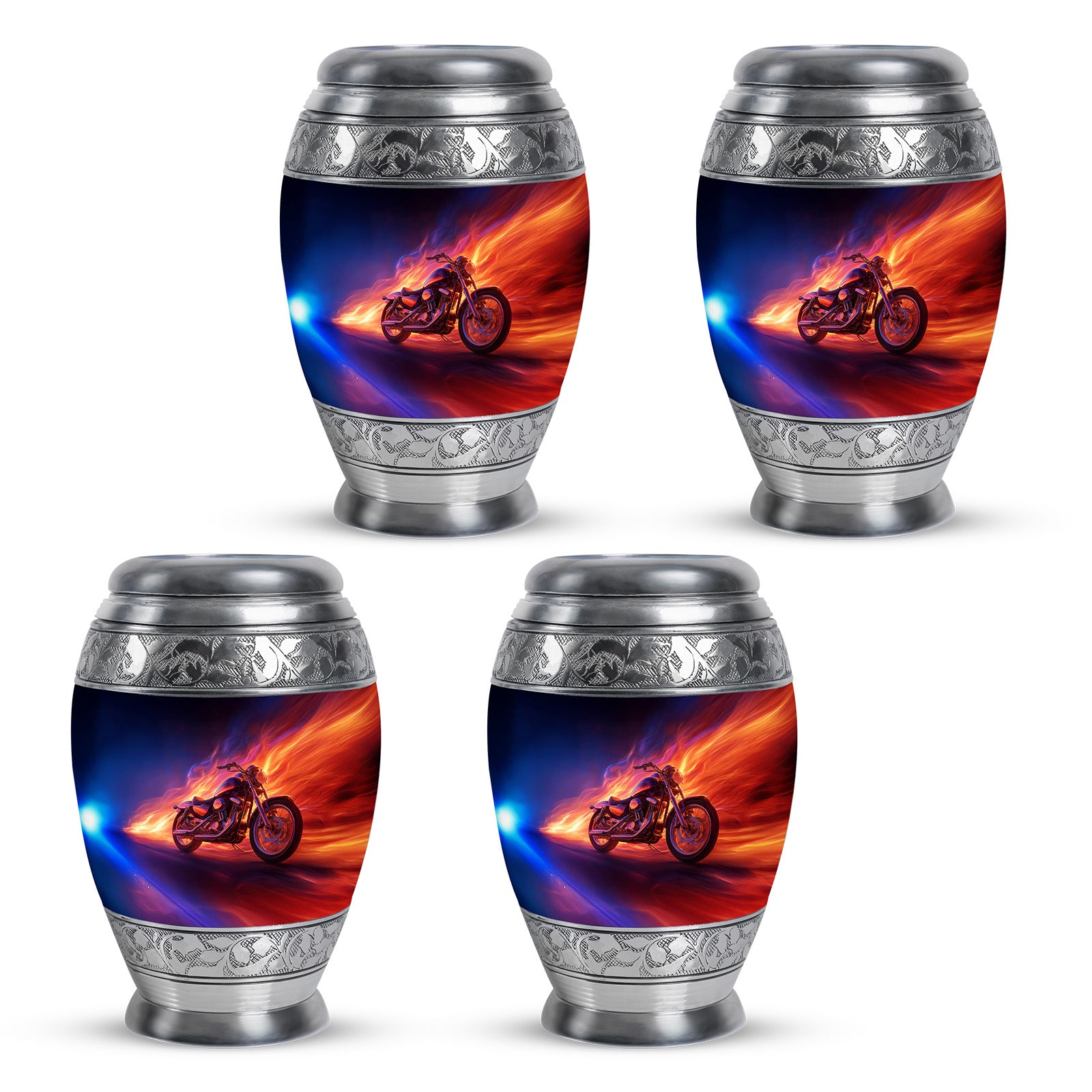 Royal Blue Bike Cremation Urn urn with complimentary velvet bag - majestic bike pattern with filigree border - 10 inch aluminum urn for cremated remains