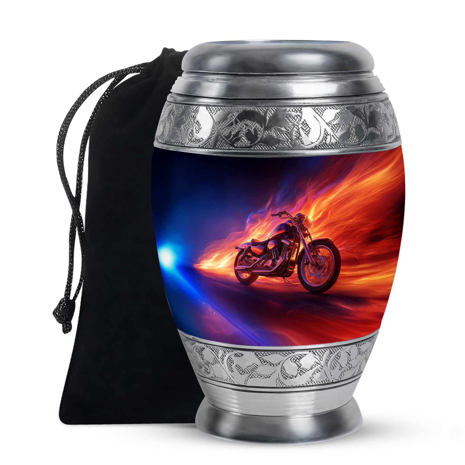 Dusty Blue Bike Cremation Urn back view with polished surface - ornate monarch-style bike relief on brushed aluminum - full-size 10 inch 200 cubic inch adult cremation urn