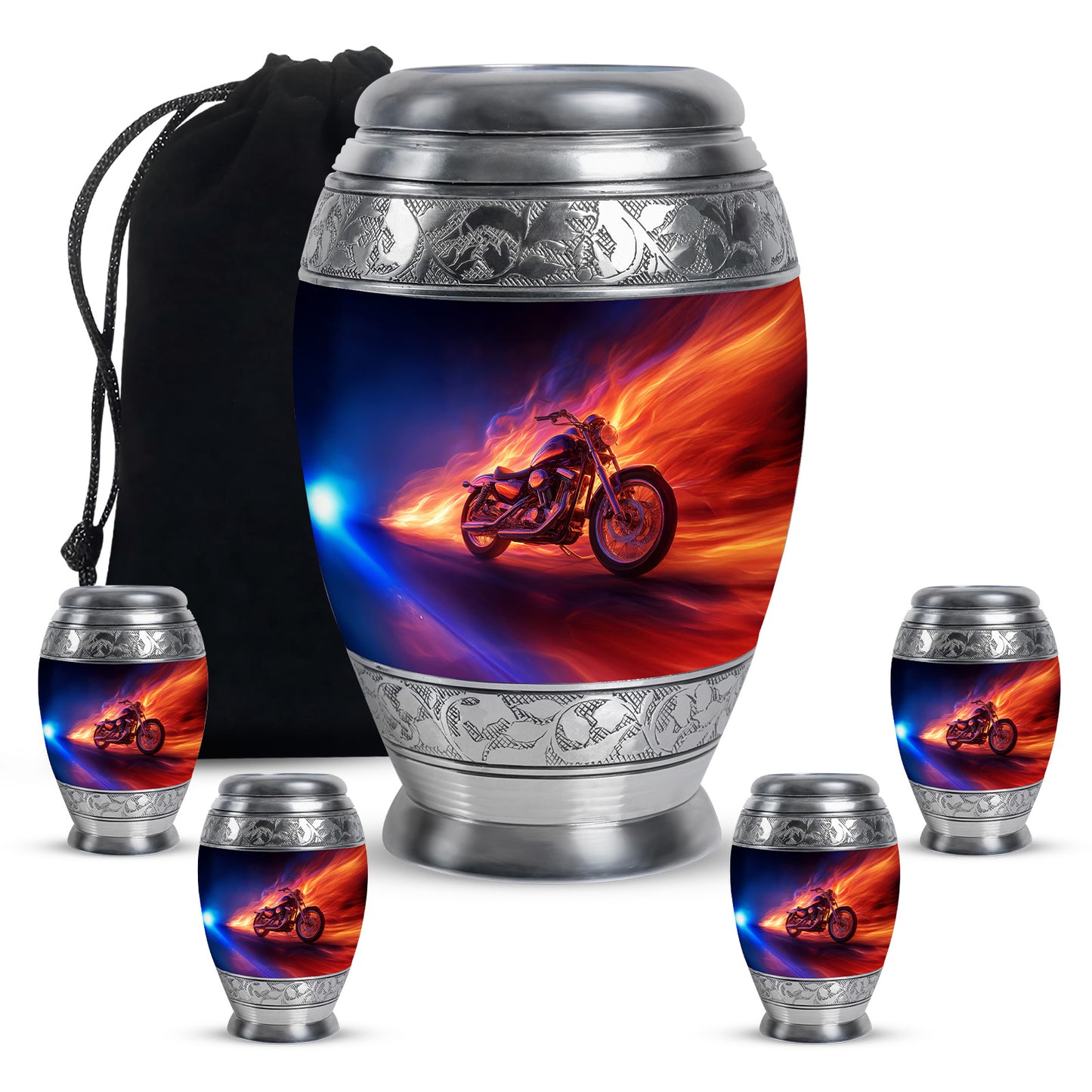 Powder Blue Bike Cremation Urn detail view - ornate monarch-style bike relief on brushed aluminum - memorial set with one large and four small urns