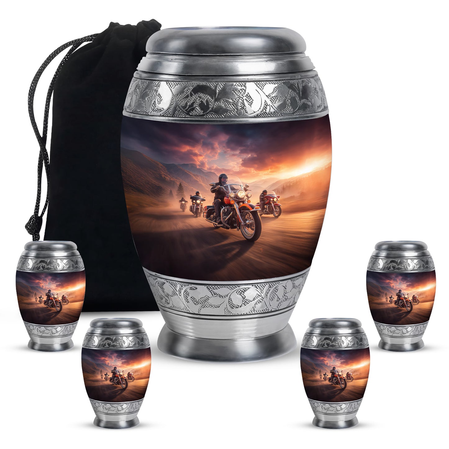Pastel Pink Bike Cremation Urn detail view - ornate monarch-style bike relief on brushed aluminum - memorial set with one large and four small urns